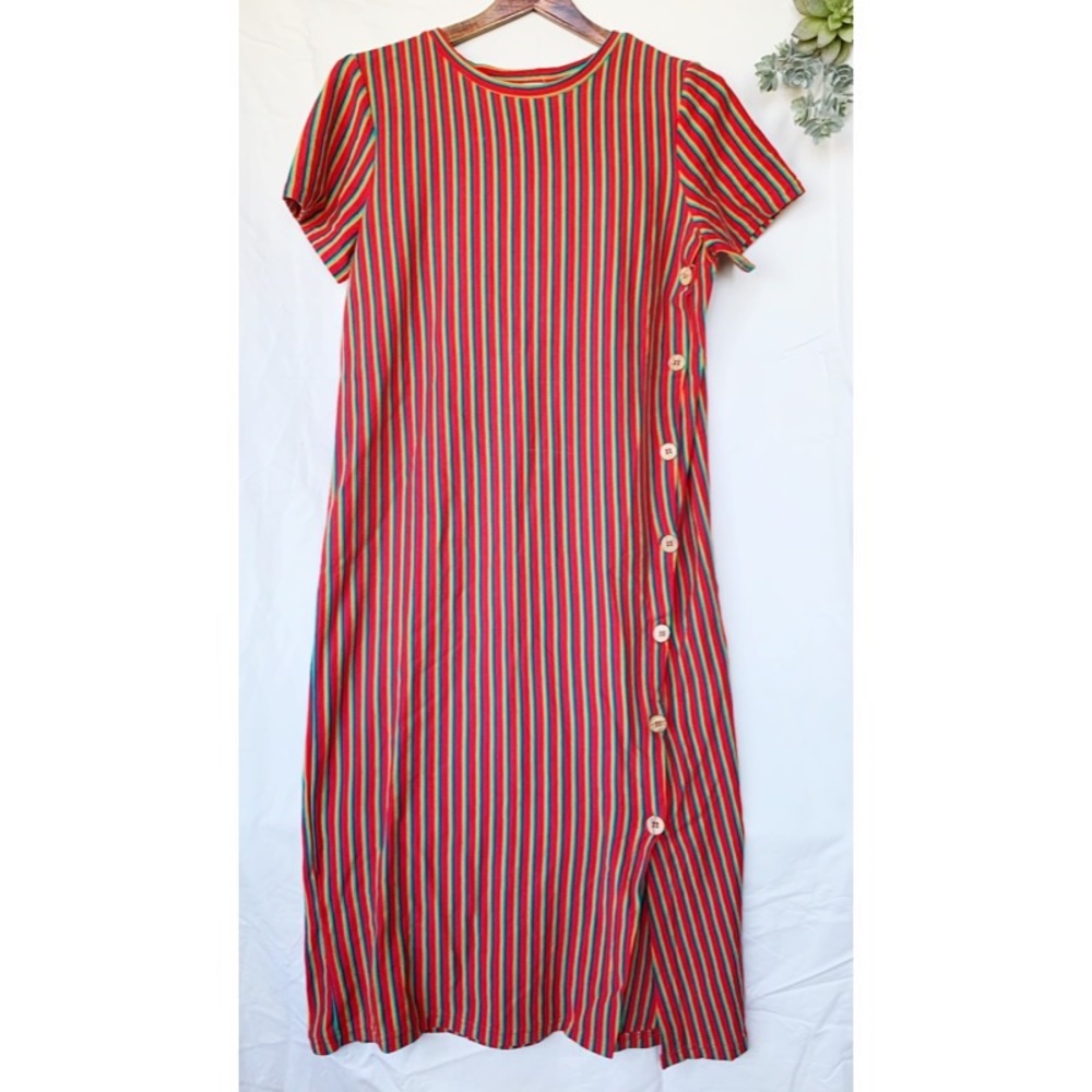 Z A R A Cotton🌈RAINBOW Stripe Button Maxi T-Dress
